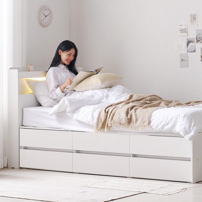 바로방가구 로랑A LED 6서랍 수납침대 프레임 슈퍼싱글침대 SS (안전가드미포함), 화이트