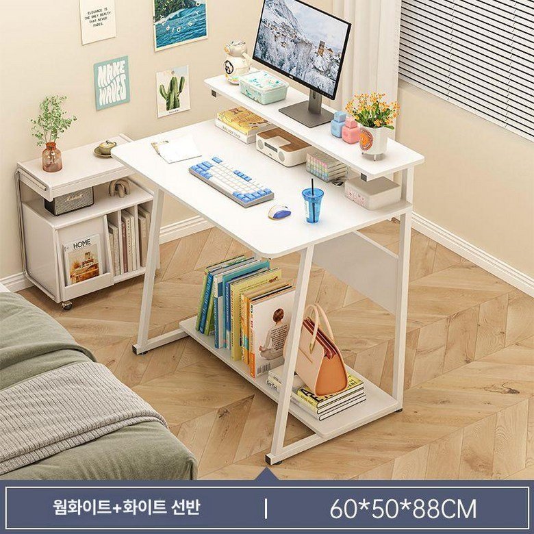 미니 컴퓨터 책상 가정용 데스크탑 이동식 공간활용, 60x50 화이트 우드 표면 상세 이미지 1